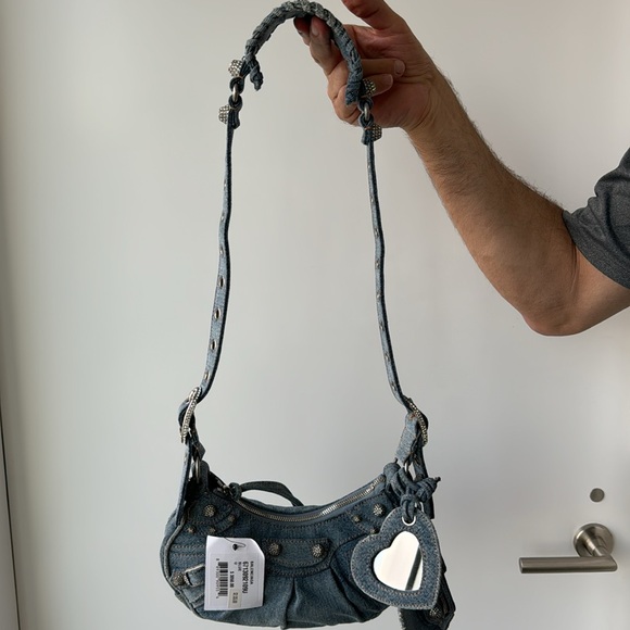 BALENCIAGA 
WOMEN'S LE CAGOLE XS SHOULDER BAG DENIM IN BLUE WITH CRYSTALS - Picture 6 of 14
